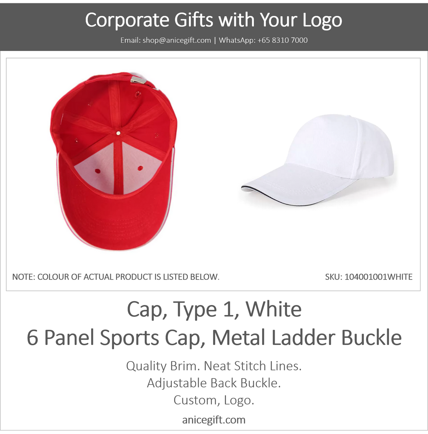 Cap, Type 1, White | 6 Panel Sports Cap, Metal Ladder Buckle
