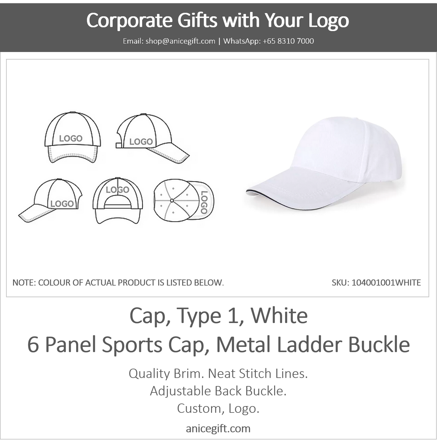 Cap, Type 1, White | 6 Panel Sports Cap, Metal Ladder Buckle