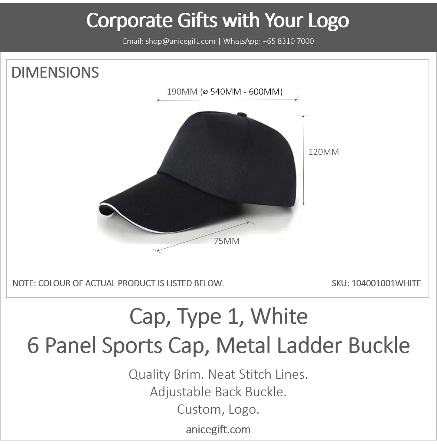 Cap, Type 1, White | 6 Panel Sports Cap, Metal Ladder Buckle