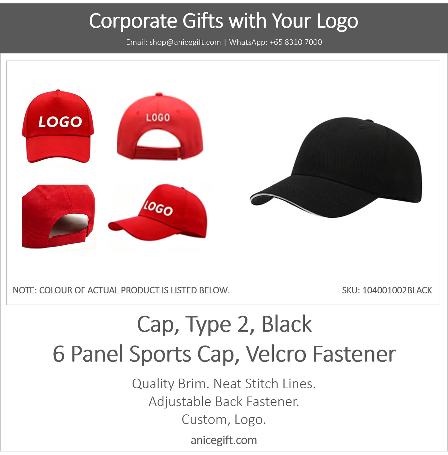Cap, Type 2, Black | 6 Panel Sports Cap, Velcro Fastener