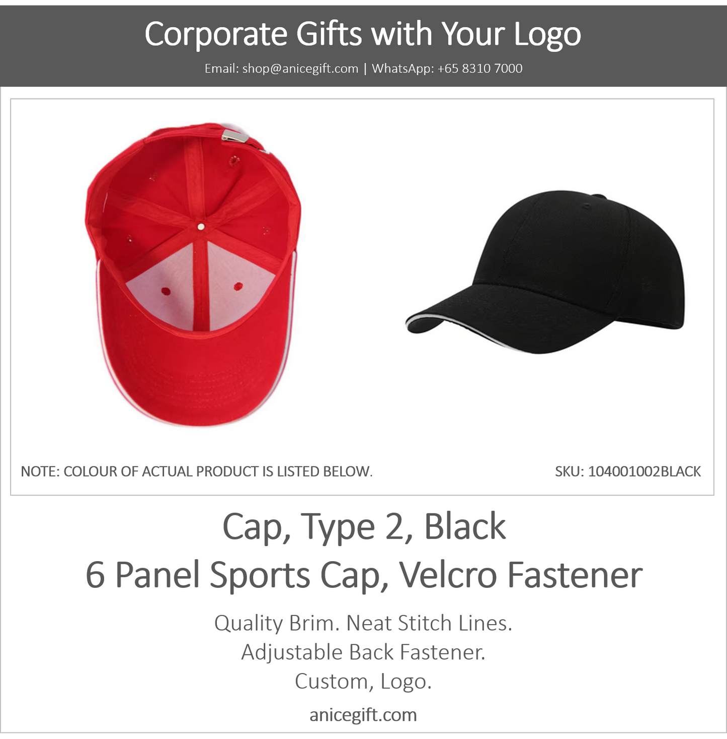 Cap, Type 2, Black | 6 Panel Sports Cap, Velcro Fastener