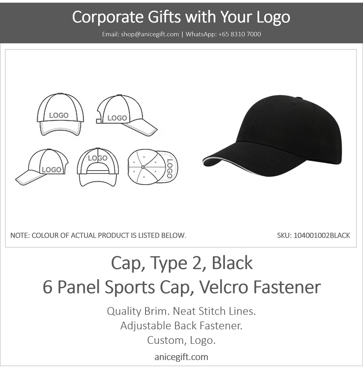 Cap, Type 2, Black | 6 Panel Sports Cap, Velcro Fastener