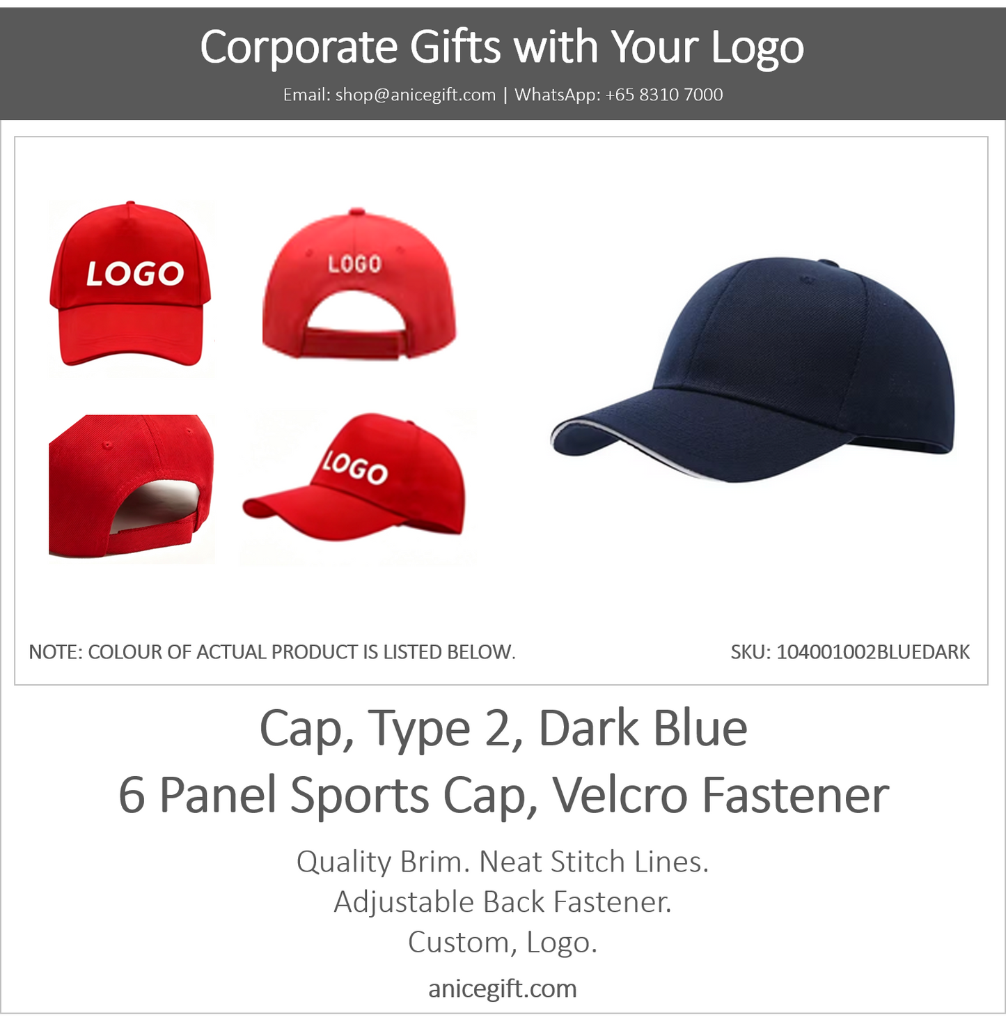 Cap, Type 2, Dark Blue | 6 Panel Sports Cap, Velcro Fastener