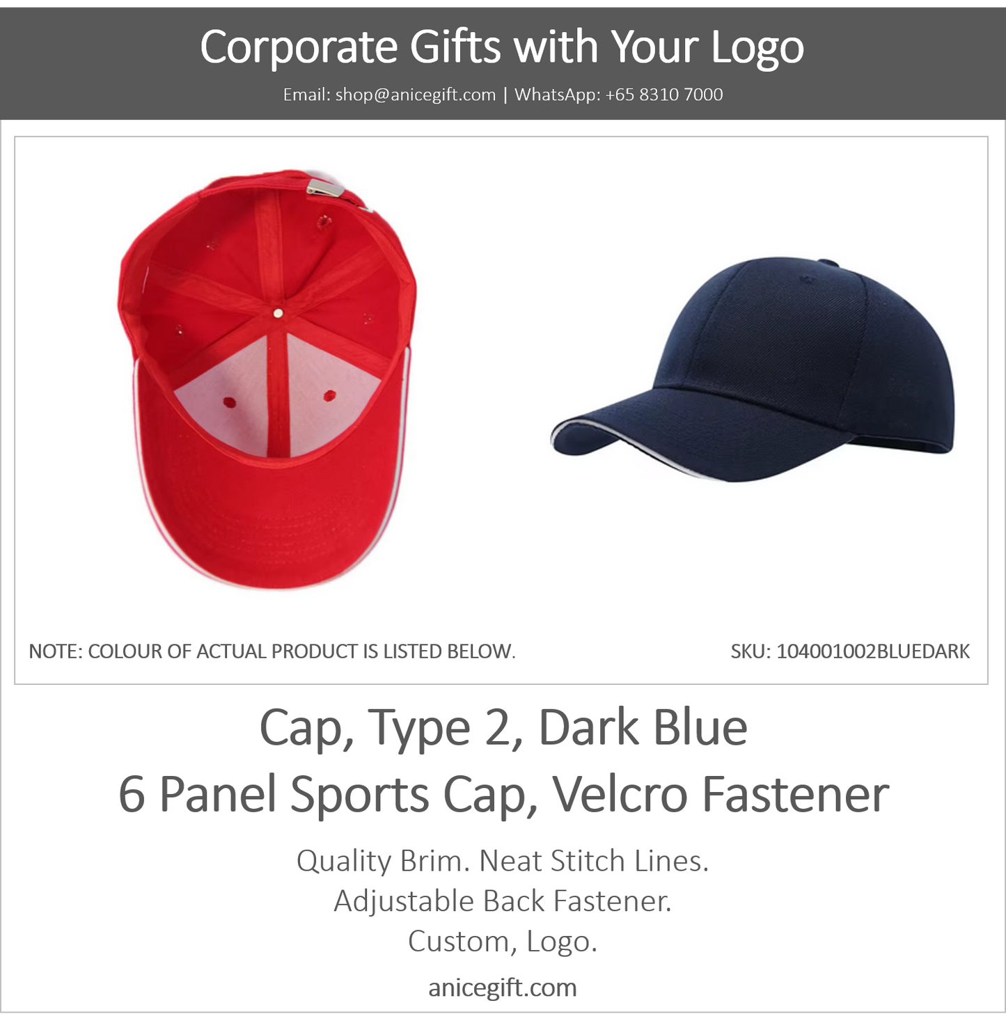 Cap, Type 2, Dark Blue | 6 Panel Sports Cap, Velcro Fastener