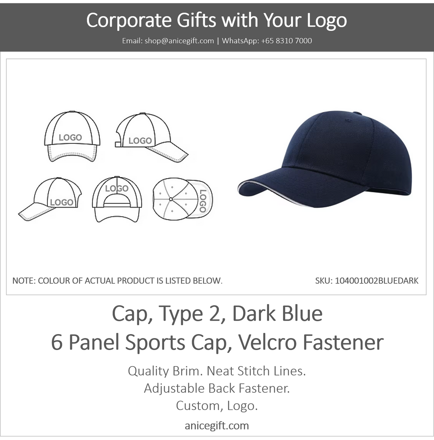 Cap, Type 2, Dark Blue | 6 Panel Sports Cap, Velcro Fastener