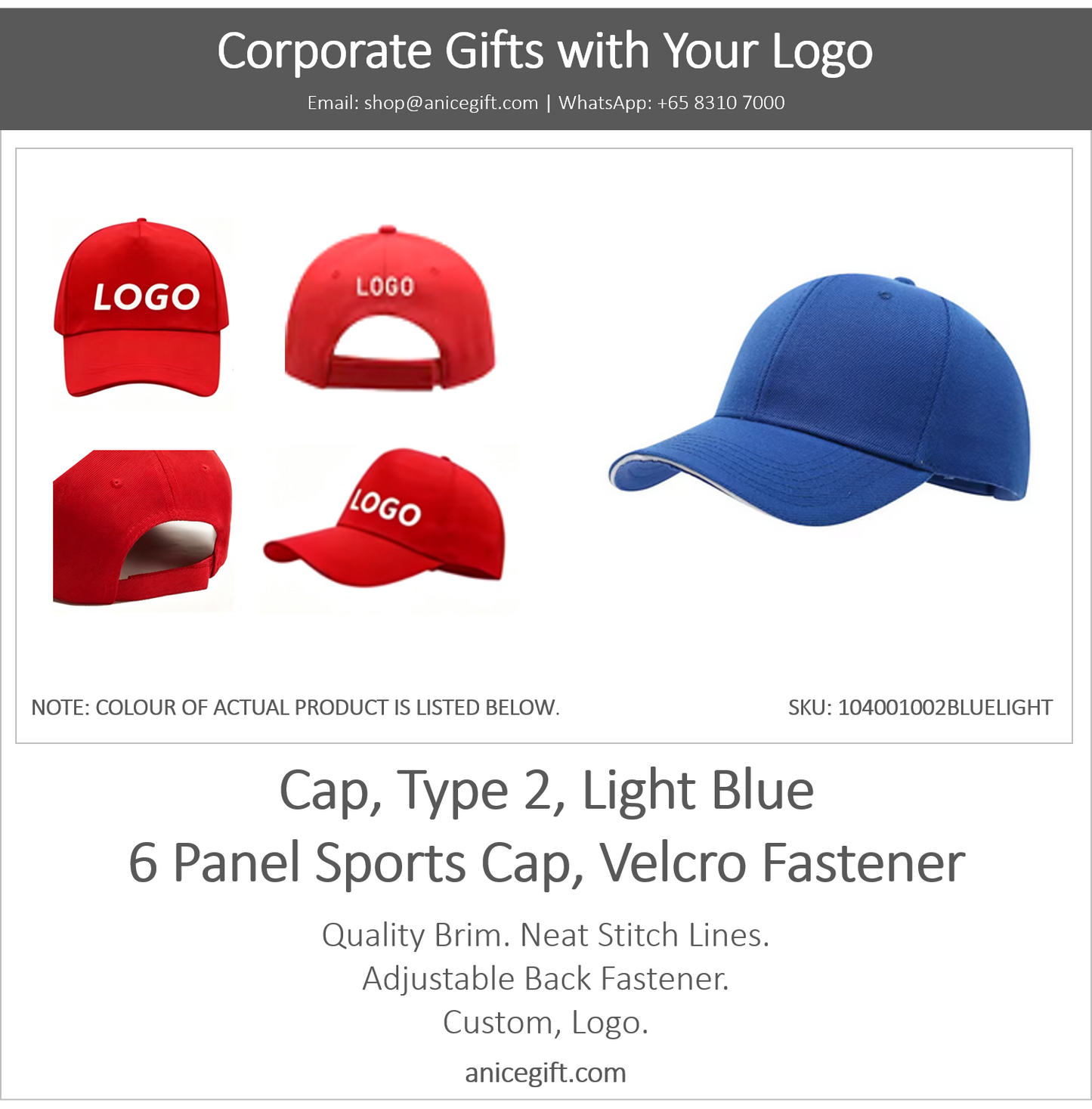 Cap, Type 2, Light Blue | 6 Panel Sports Cap, Velcro Fastener