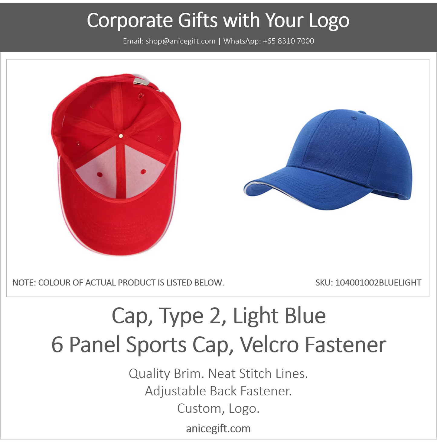 Cap, Type 2, Light Blue | 6 Panel Sports Cap, Velcro Fastener