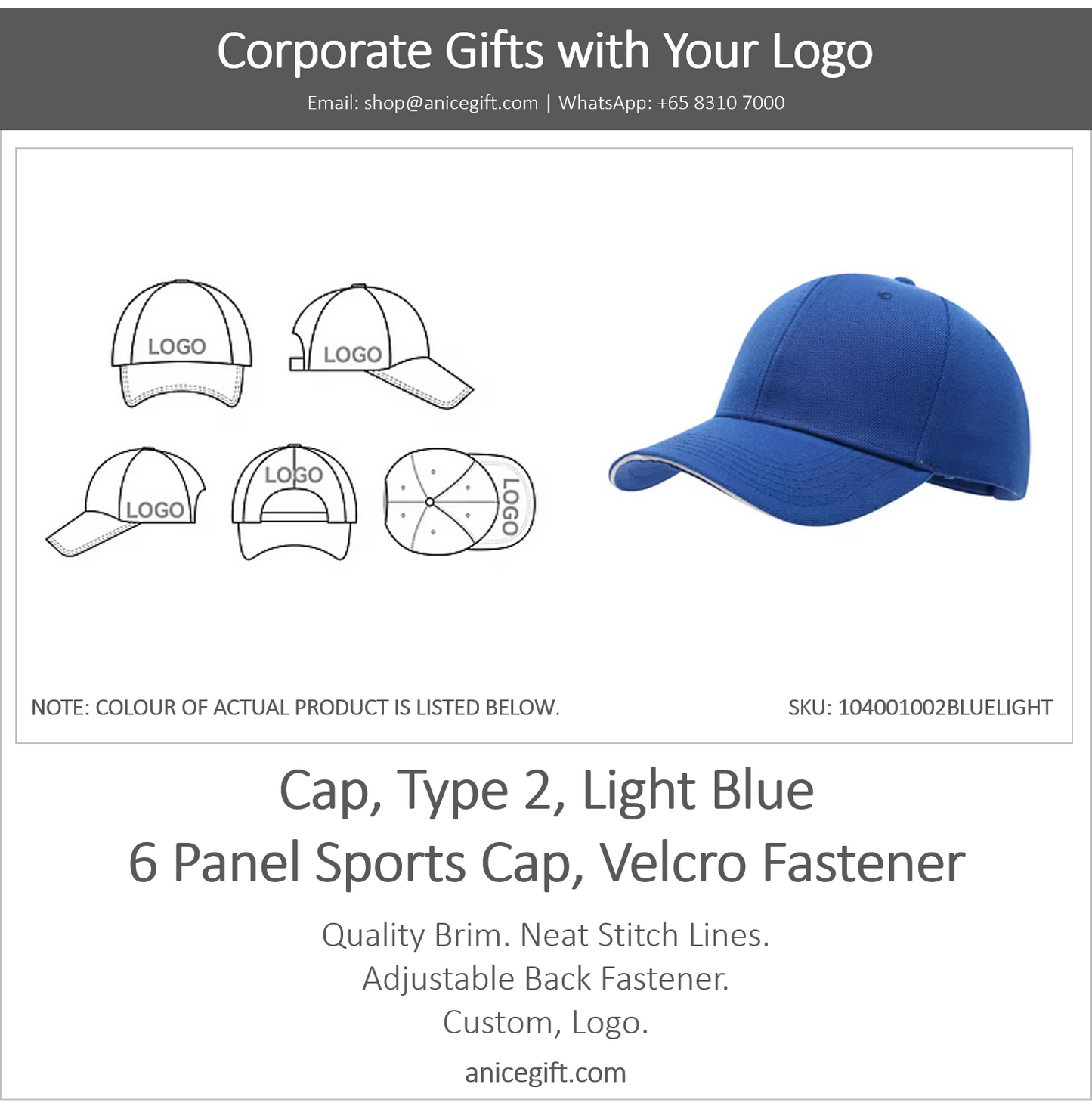Cap, Type 2, Light Blue | 6 Panel Sports Cap, Velcro Fastener