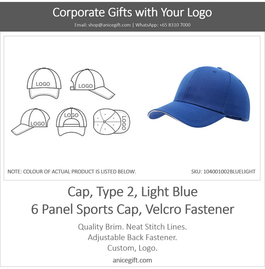 Cap, Type 2, Light Blue | 6 Panel Sports Cap, Velcro Fastener