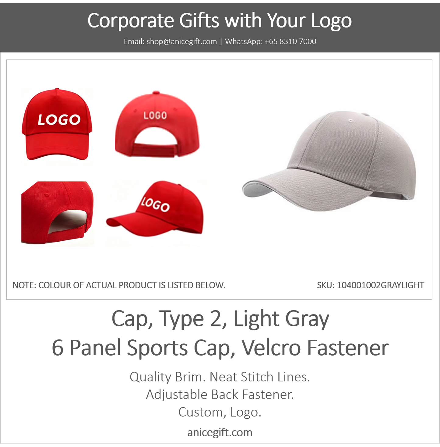 Cap, Type 2, Light Gray | 6 Panel Sports Cap, Velcro Fastener
