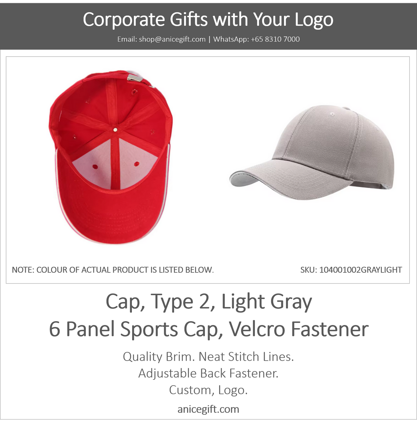 Cap, Type 2, Light Gray | 6 Panel Sports Cap, Velcro Fastener