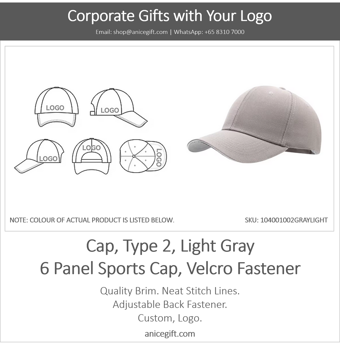 Cap, Type 2, Light Gray | 6 Panel Sports Cap, Velcro Fastener
