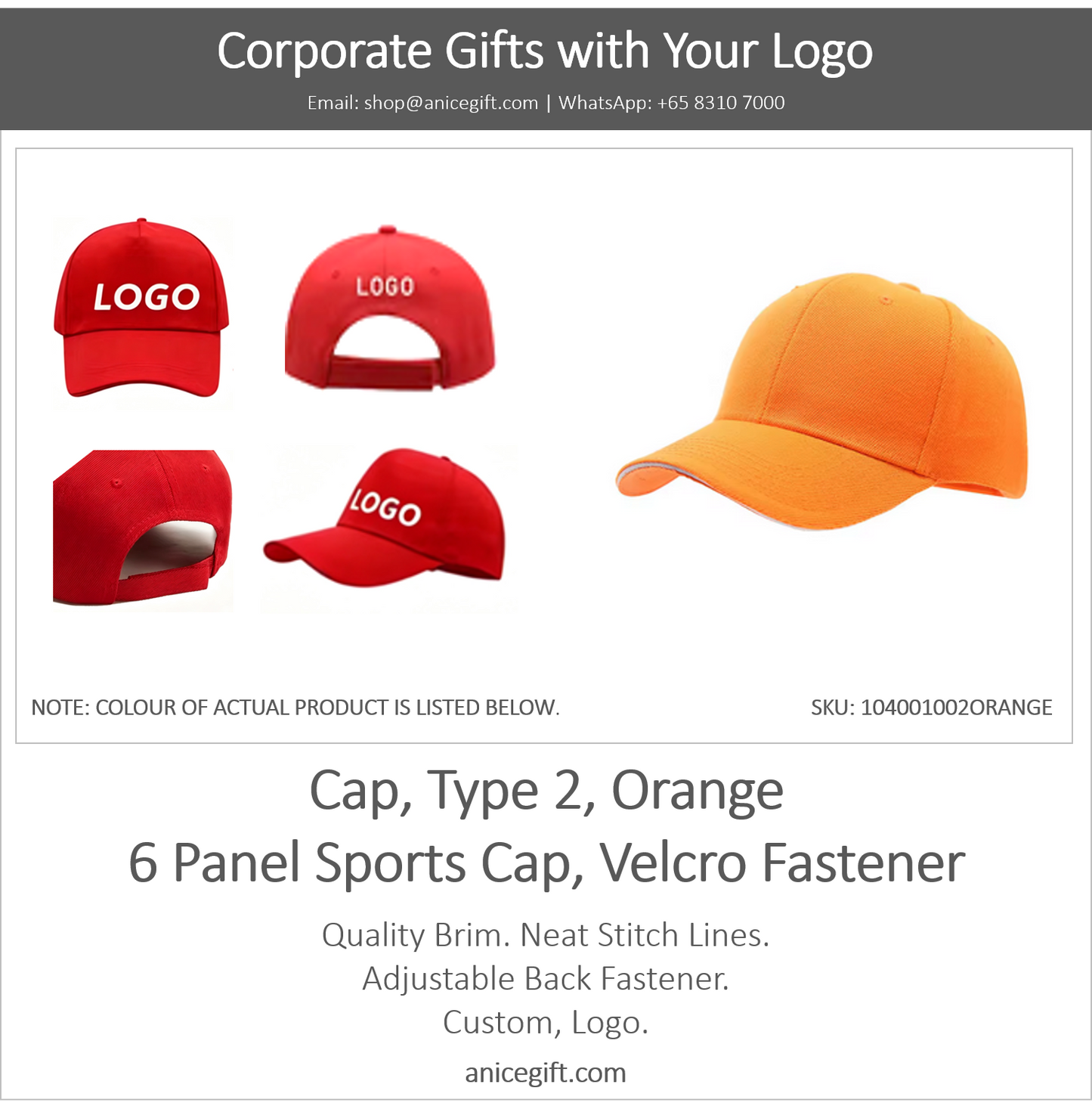 Cap, Type 2, Orange | 6 Panel Sports Cap, Velcro Fastener