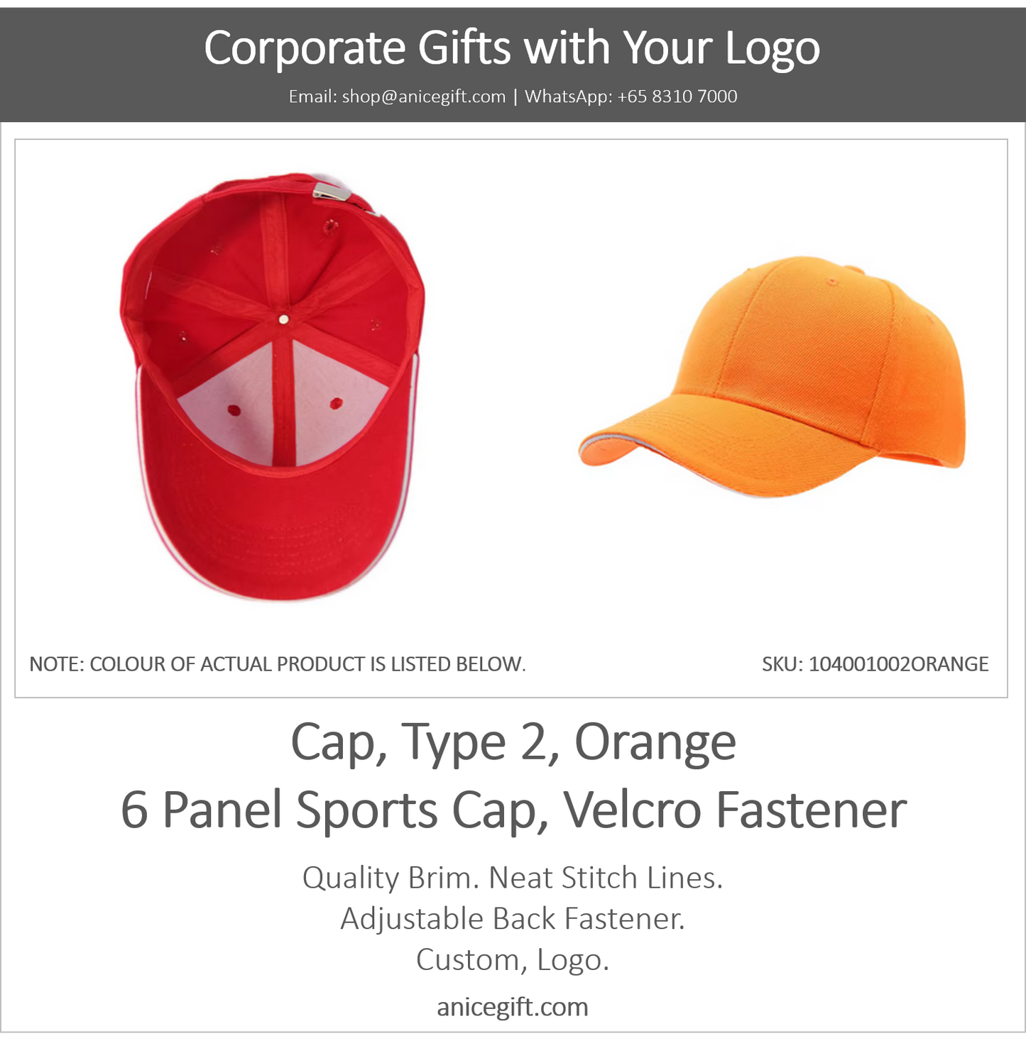 Cap, Type 2, Orange | 6 Panel Sports Cap, Velcro Fastener