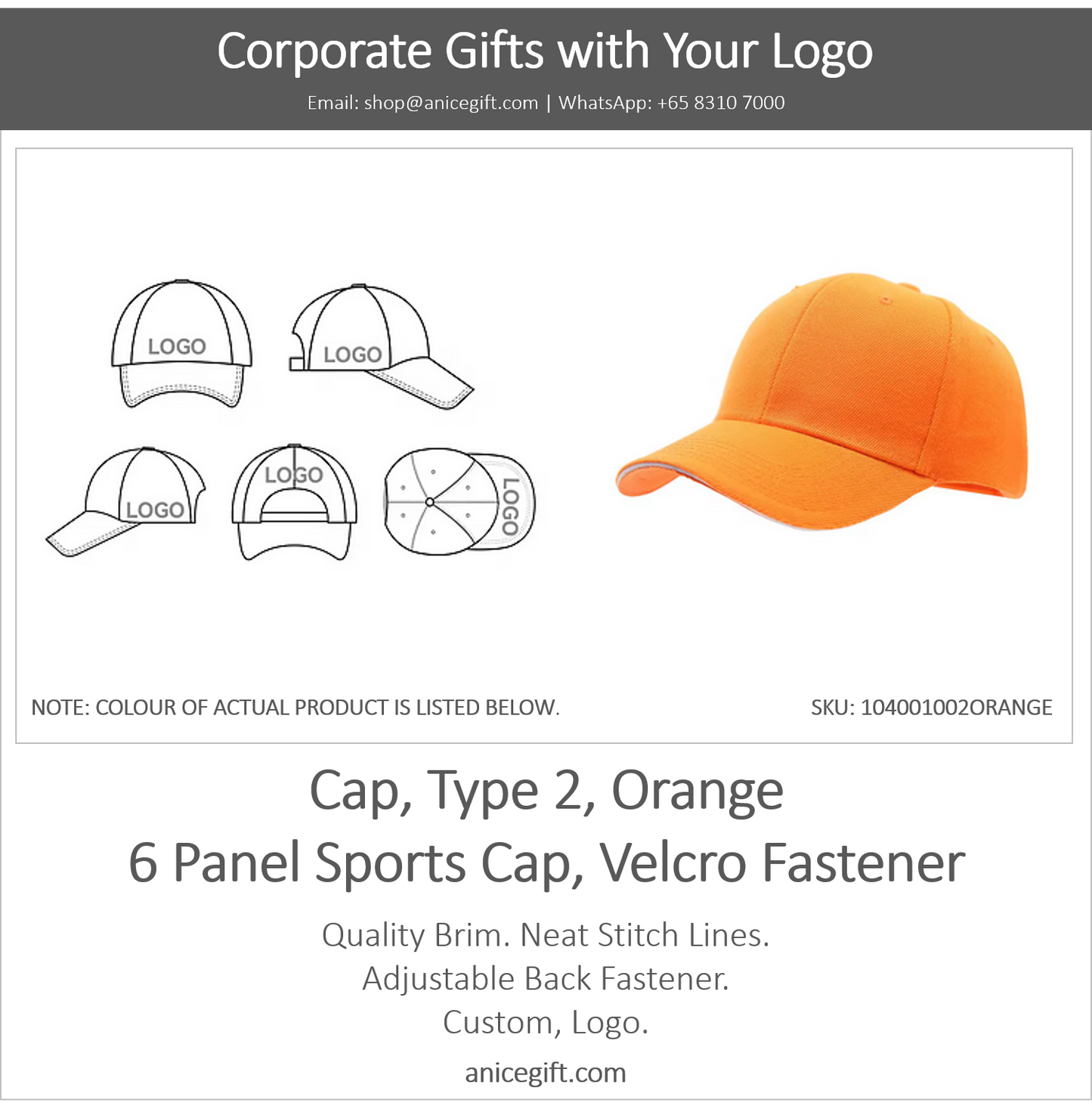 Cap, Type 2, Orange | 6 Panel Sports Cap, Velcro Fastener