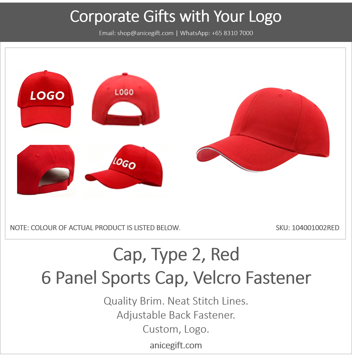 Cap, Type 2, Red | 6 Panel Sports Cap, Velcro Fastener