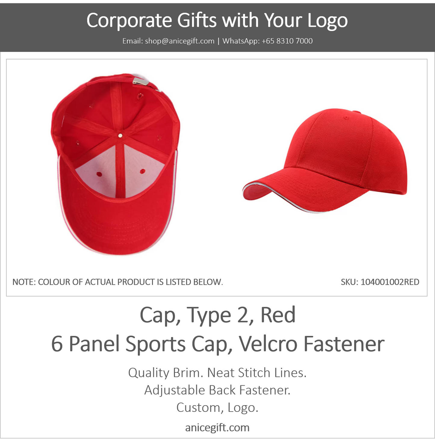 Cap, Type 2, Red | 6 Panel Sports Cap, Velcro Fastener