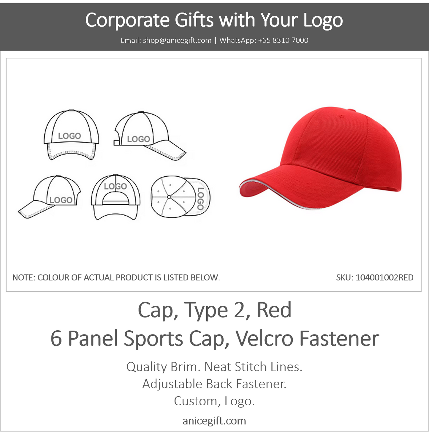 Cap, Type 2, Red | 6 Panel Sports Cap, Velcro Fastener