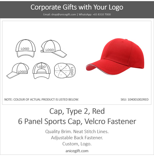 Cap, Type 2, Red | 6 Panel Sports Cap, Velcro Fastener