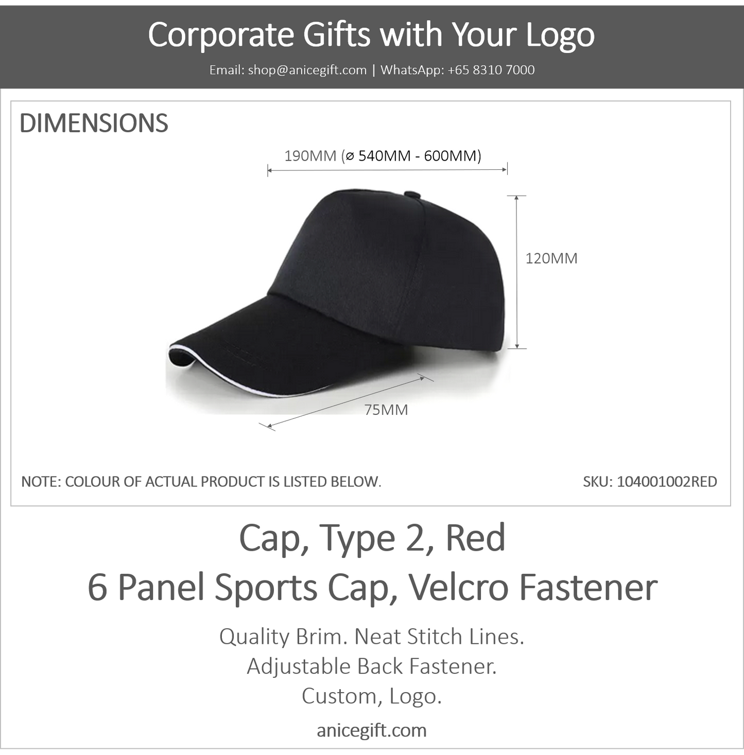 Cap, Type 2, Red | 6 Panel Sports Cap, Velcro Fastener
