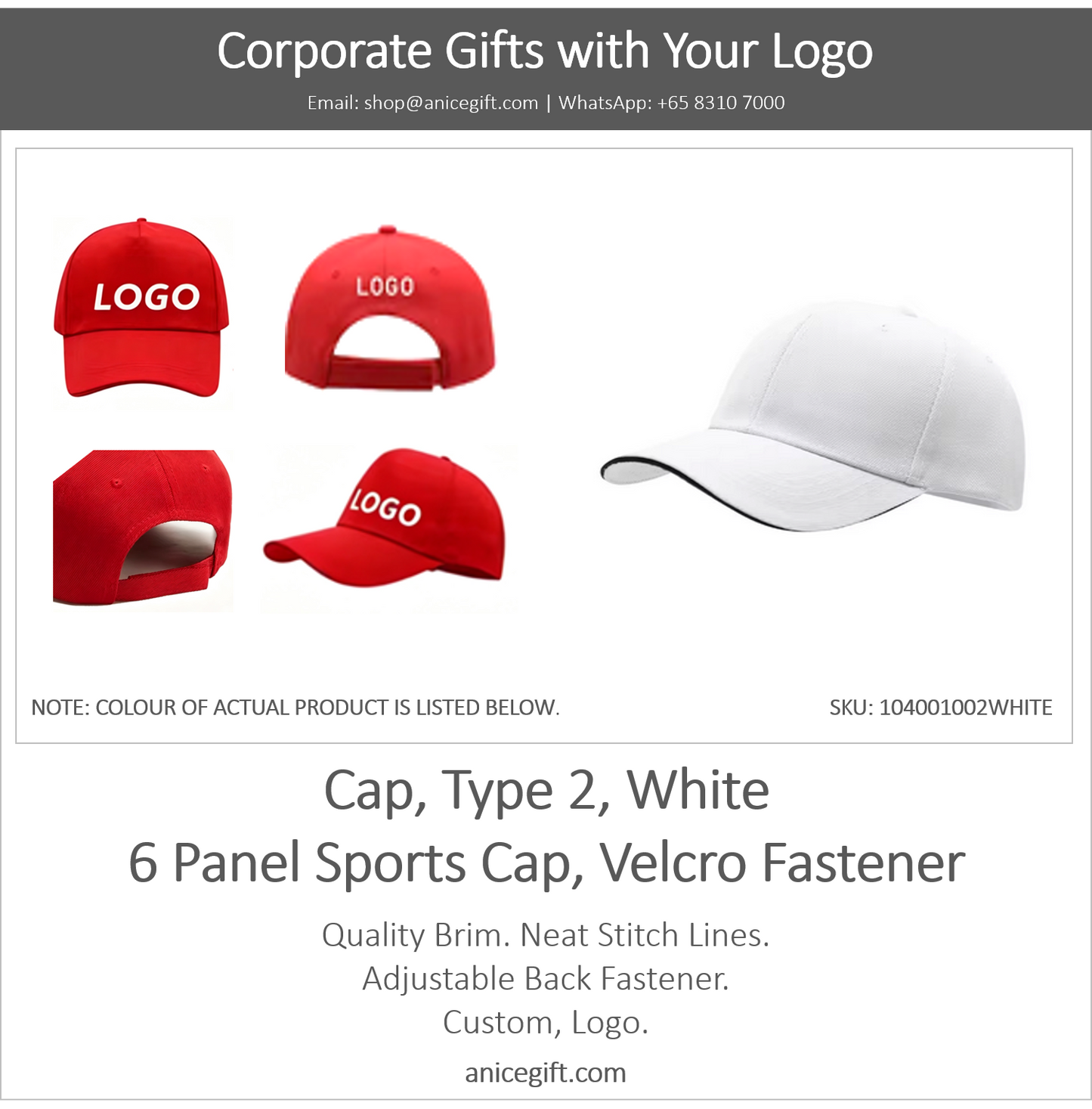 Cap, Type 2, White | 6 Panel Sports Cap, Velcro Fastener