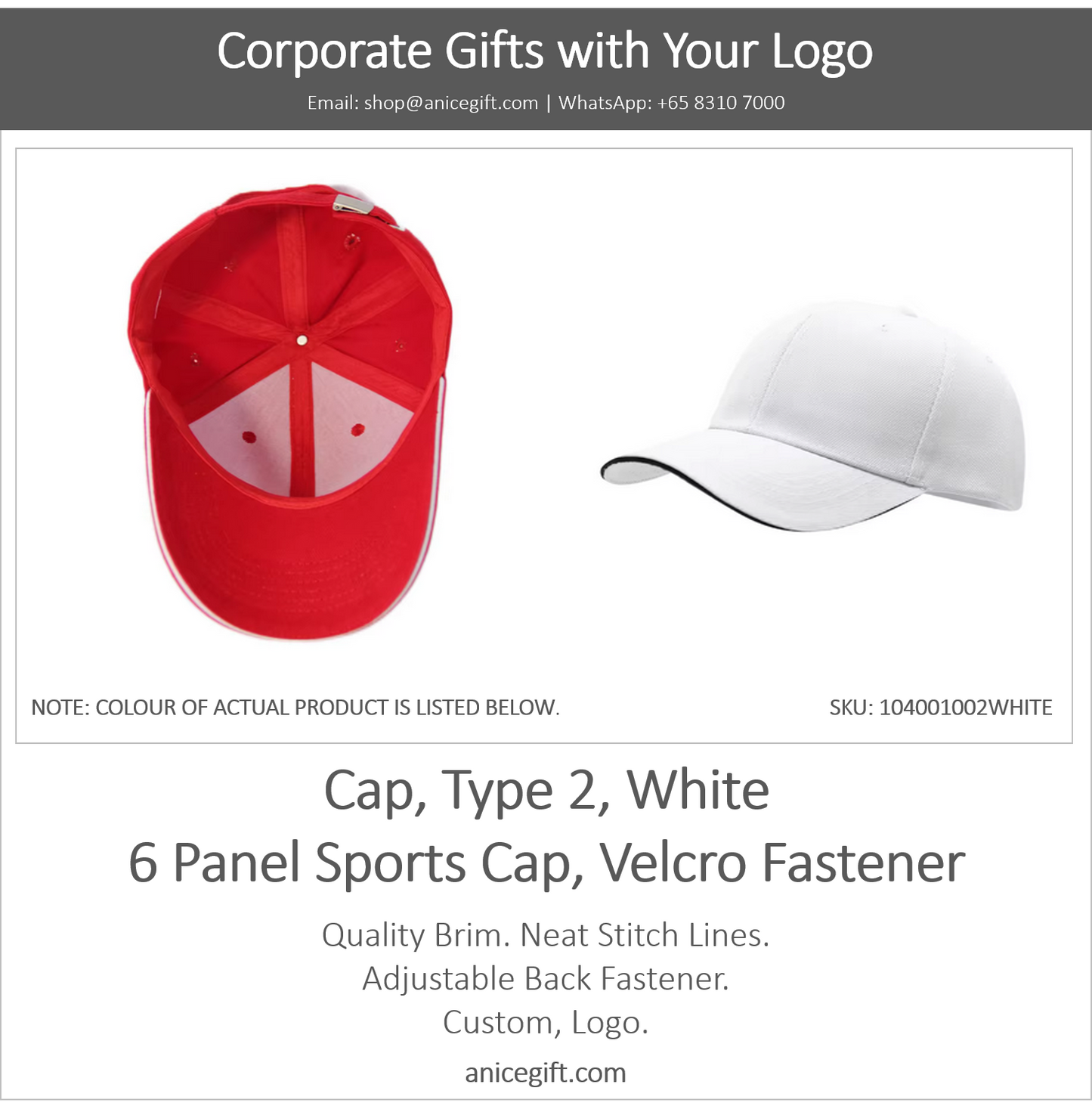 Cap, Type 2, White | 6 Panel Sports Cap, Velcro Fastener