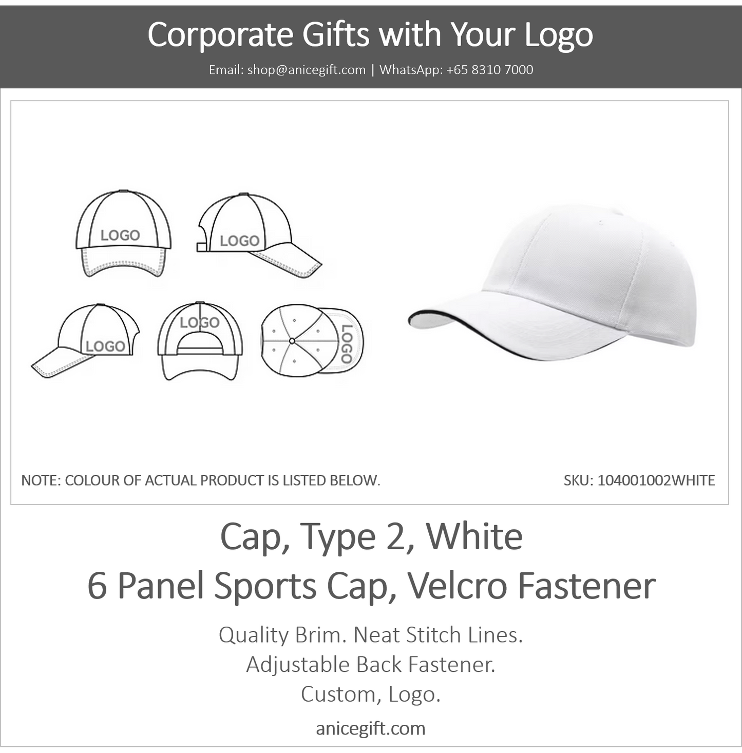Cap, Type 2, White | 6 Panel Sports Cap, Velcro Fastener