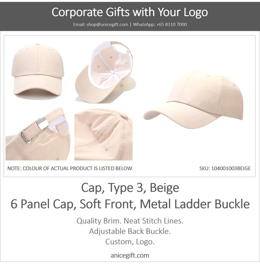 Cap, Type 3, Beige | 6 Panel Sports Cap, Soft Front, Metal Ladder Buckle