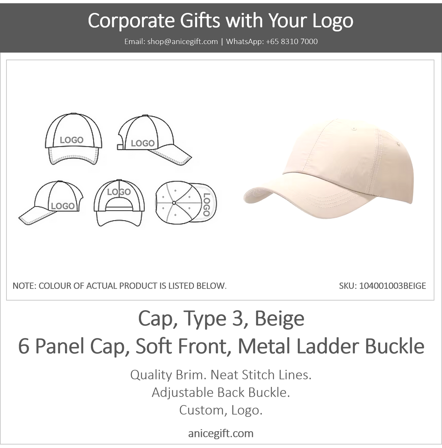 Cap, Type 3, Beige | 6 Panel Sports Cap, Soft Front, Metal Ladder Buckle