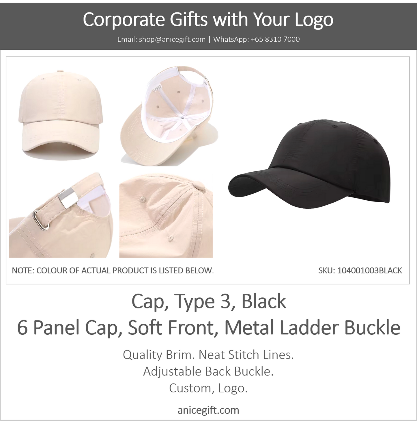 Cap, Type 3, Black | 6 Panel Sports Cap, Soft Front, Metal Ladder Buckle