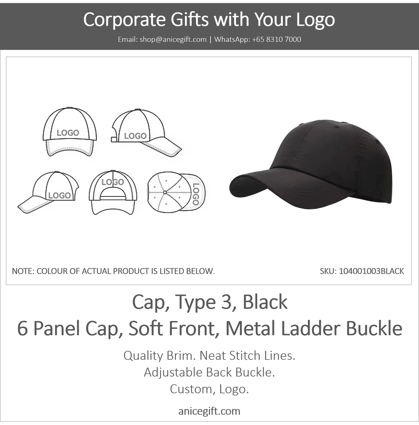Cap, Type 3, Black | 6 Panel Sports Cap, Soft Front, Metal Ladder Buckle