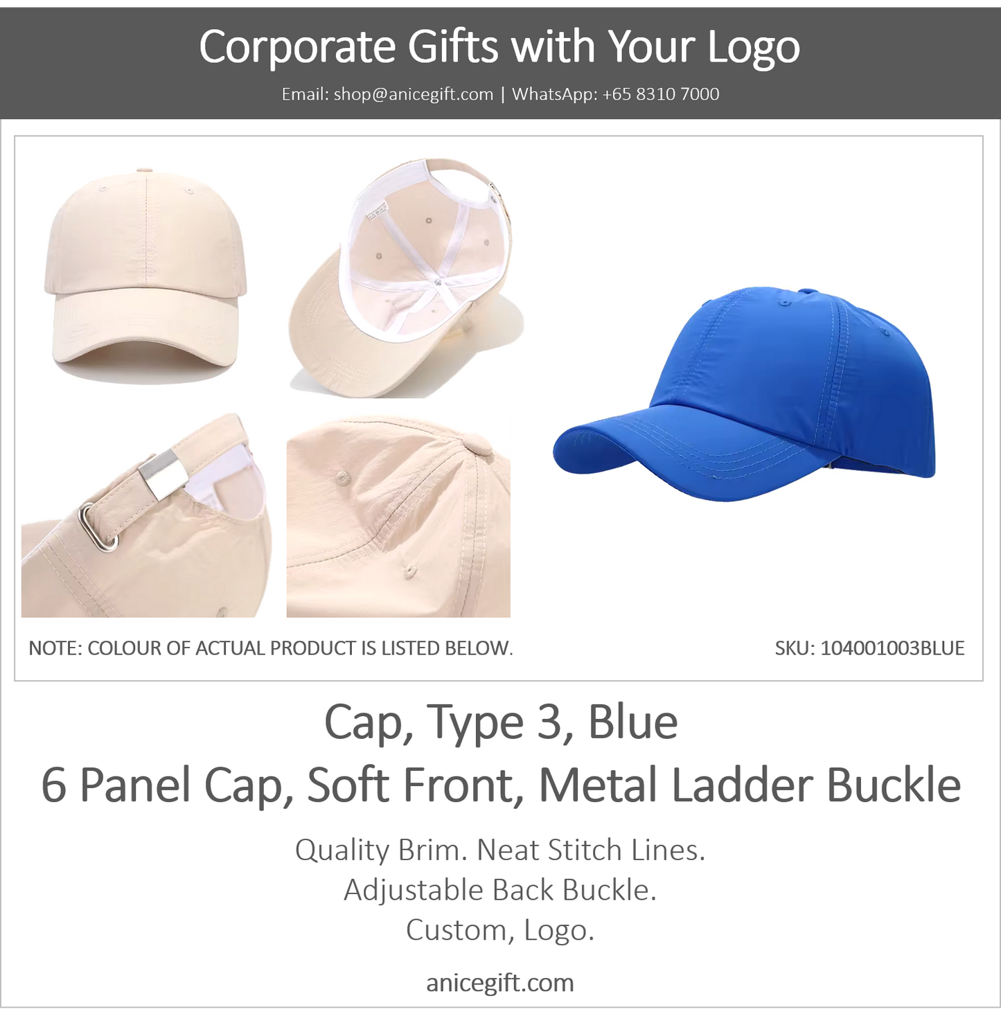 Cap, Type 3, Blue | 6 Panel Sports Cap, Soft Front, Metal Ladder Buckle