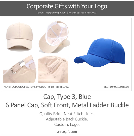Cap, Type 3, Blue | 6 Panel Sports Cap, Soft Front, Metal Ladder Buckle