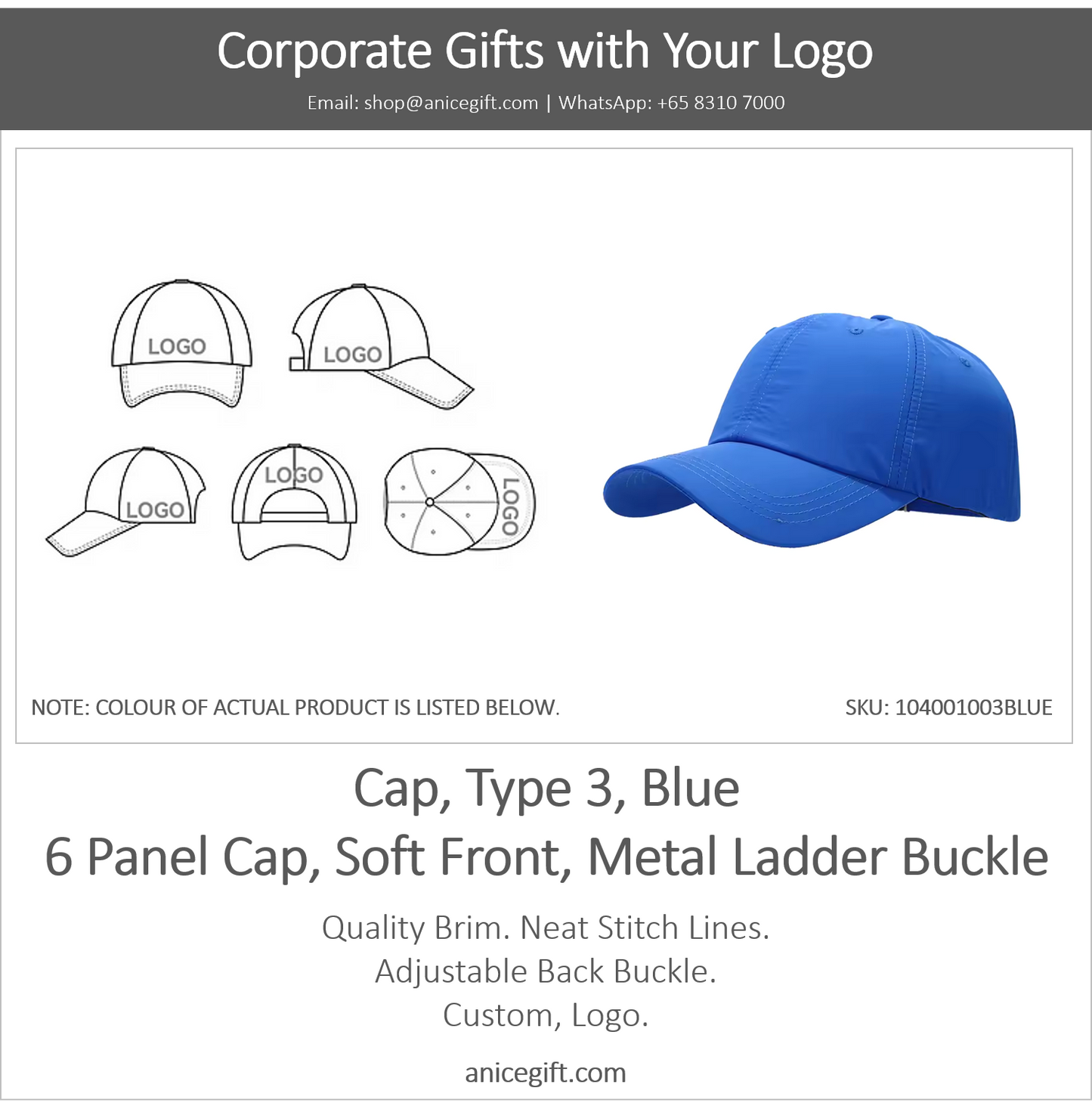 Cap, Type 3, Blue | 6 Panel Sports Cap, Soft Front, Metal Ladder Buckle