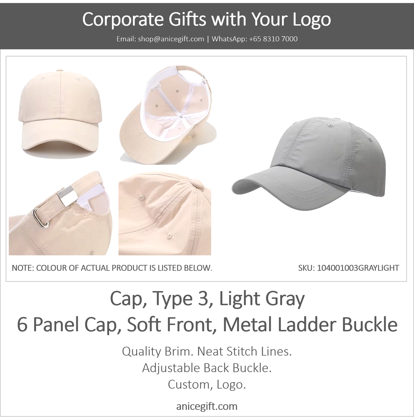 Cap, Type 3, Light Gray | 6 Panel Sports Cap, Soft Front, Metal Ladder Buckle