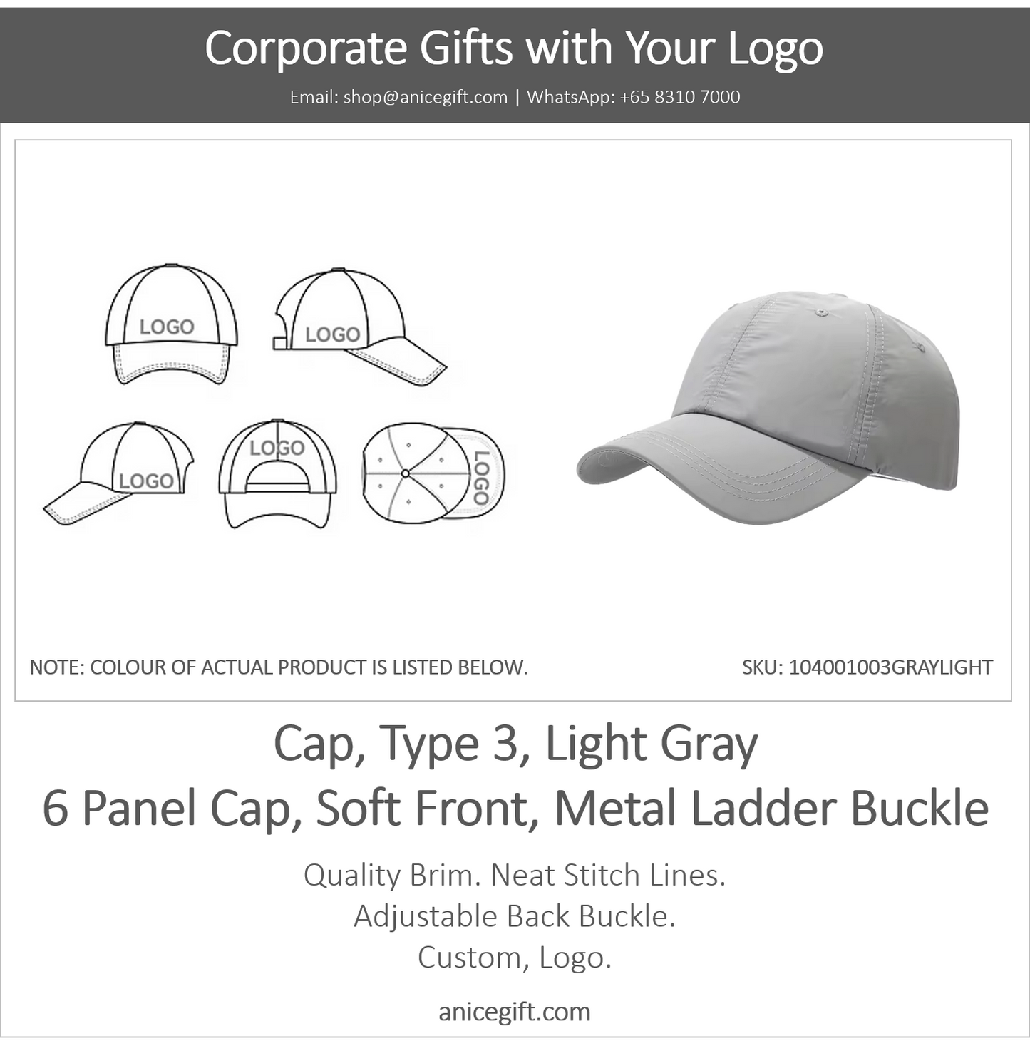 Cap, Type 3, Light Gray | 6 Panel Sports Cap, Soft Front, Metal Ladder Buckle