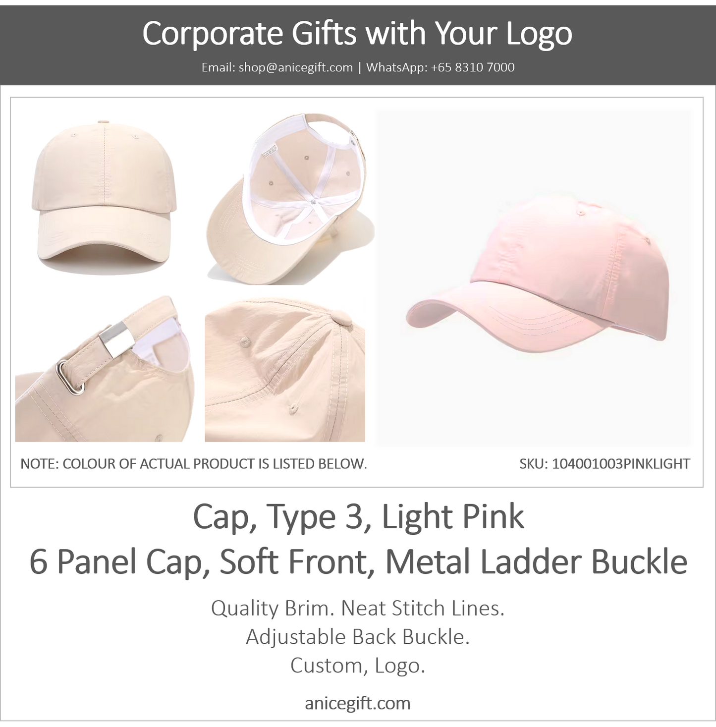Cap, Type 3, Light Pink | 6 Panel Sports Cap, Soft Front, Metal Ladder Buckle