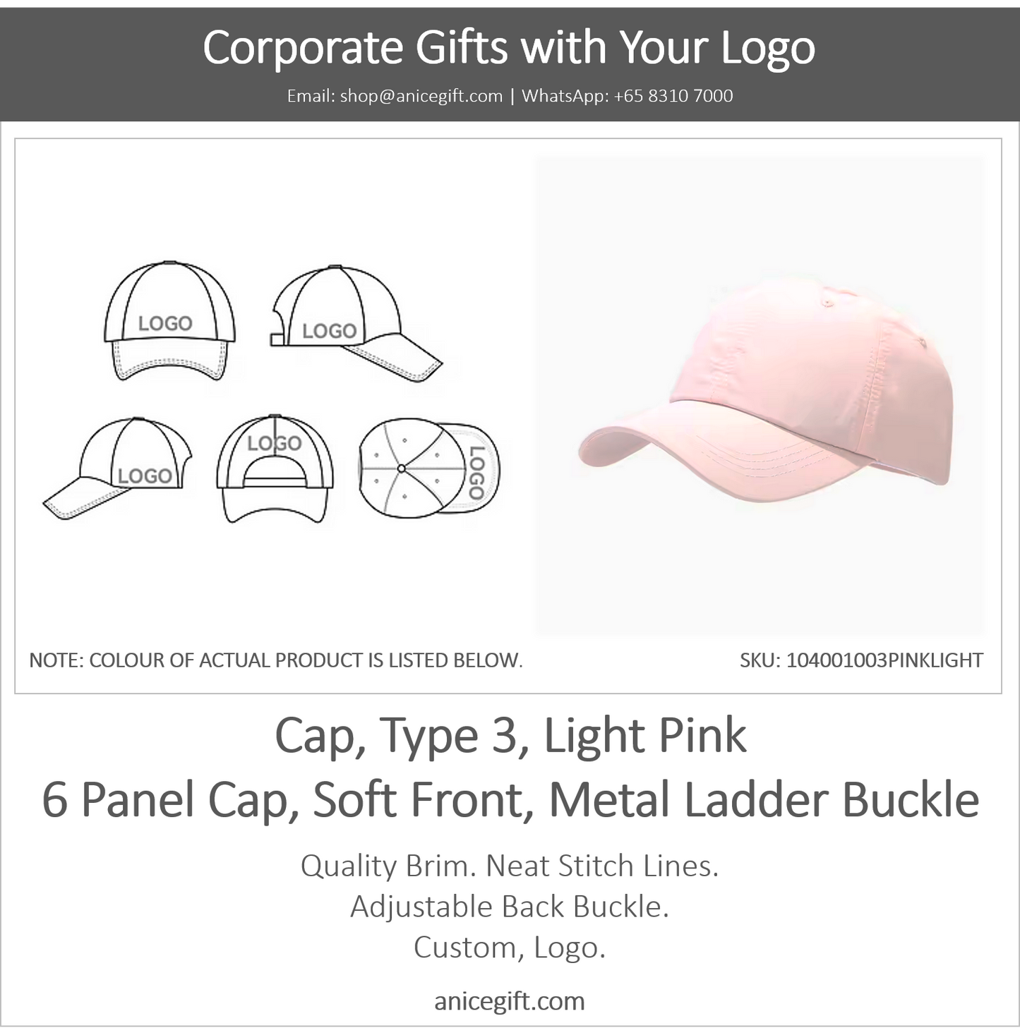 Cap, Type 3, Light Pink | 6 Panel Sports Cap, Soft Front, Metal Ladder Buckle