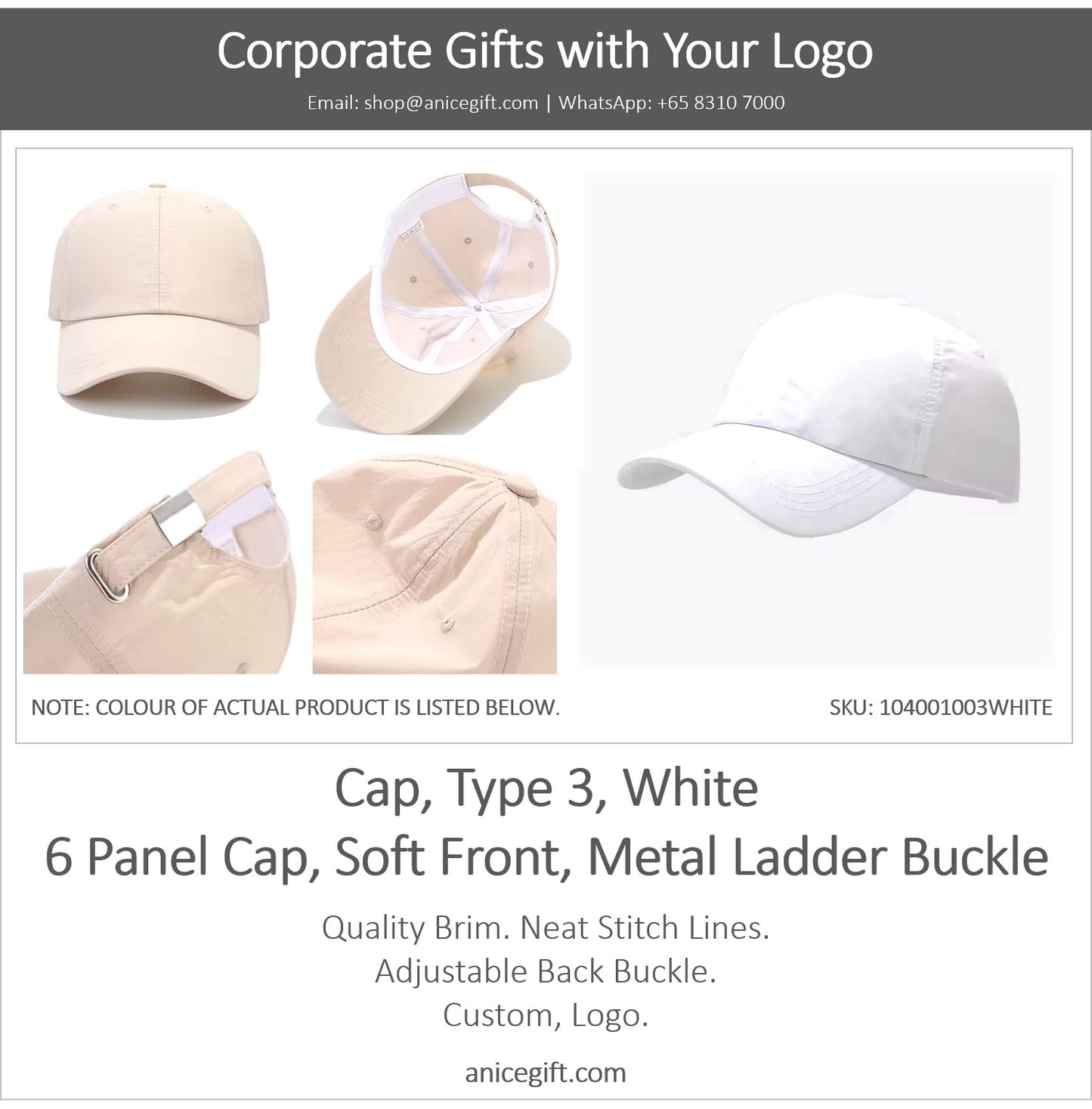 Cap, Type 3, White | 6 Panel Sports Cap, Soft Front, Metal Ladder Buckle