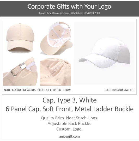Cap, Type 3, White | 6 Panel Sports Cap, Soft Front, Metal Ladder Buckle