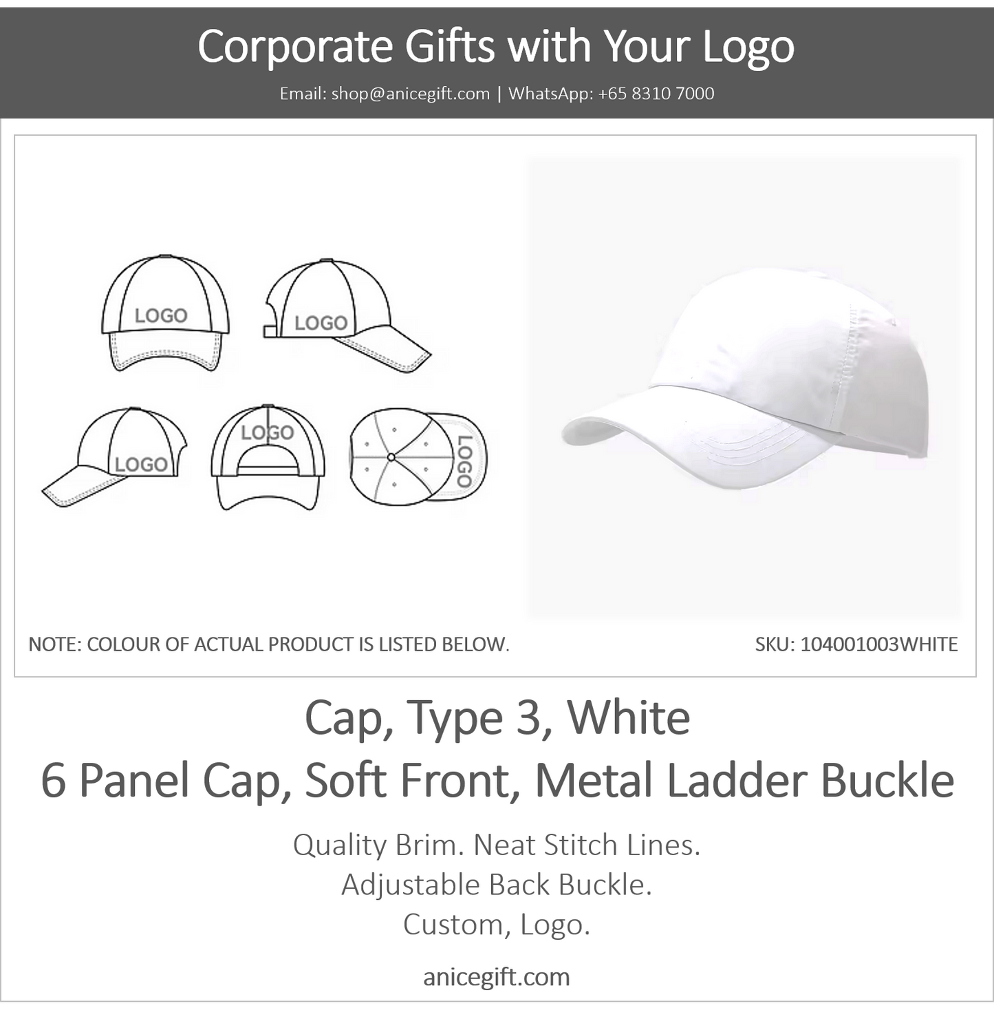 Cap, Type 3, White | 6 Panel Sports Cap, Soft Front, Metal Ladder Buckle