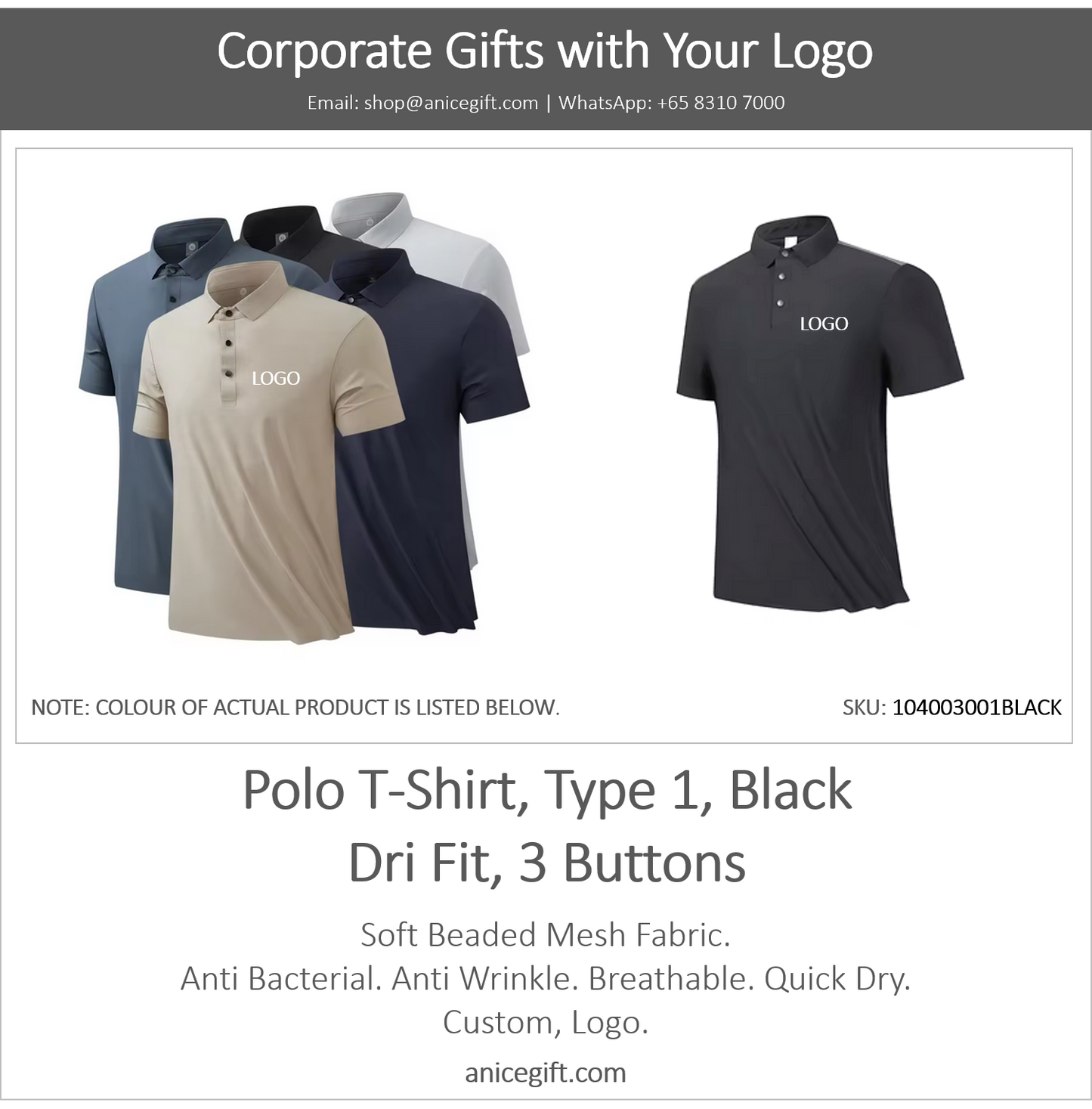 Polo T-Shirt, Type 1, Black | Dri Fit, 3 Buttons