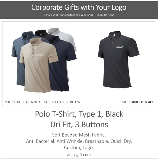 Polo T-Shirt, Type 1, Black | Dri Fit, 3 Buttons