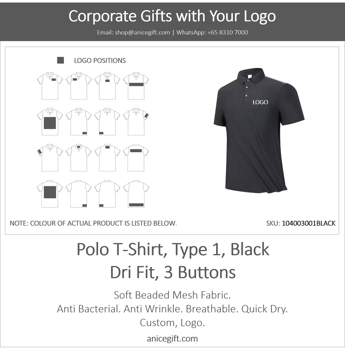 Polo T-Shirt, Type 1, Black | Dri Fit, 3 Buttons