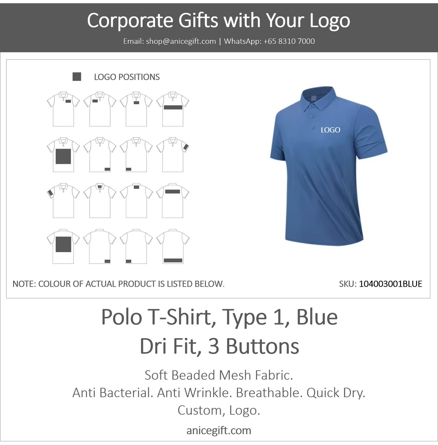 Polo T-Shirt, Type 1, Blue | Dri Fit, 3 Buttons