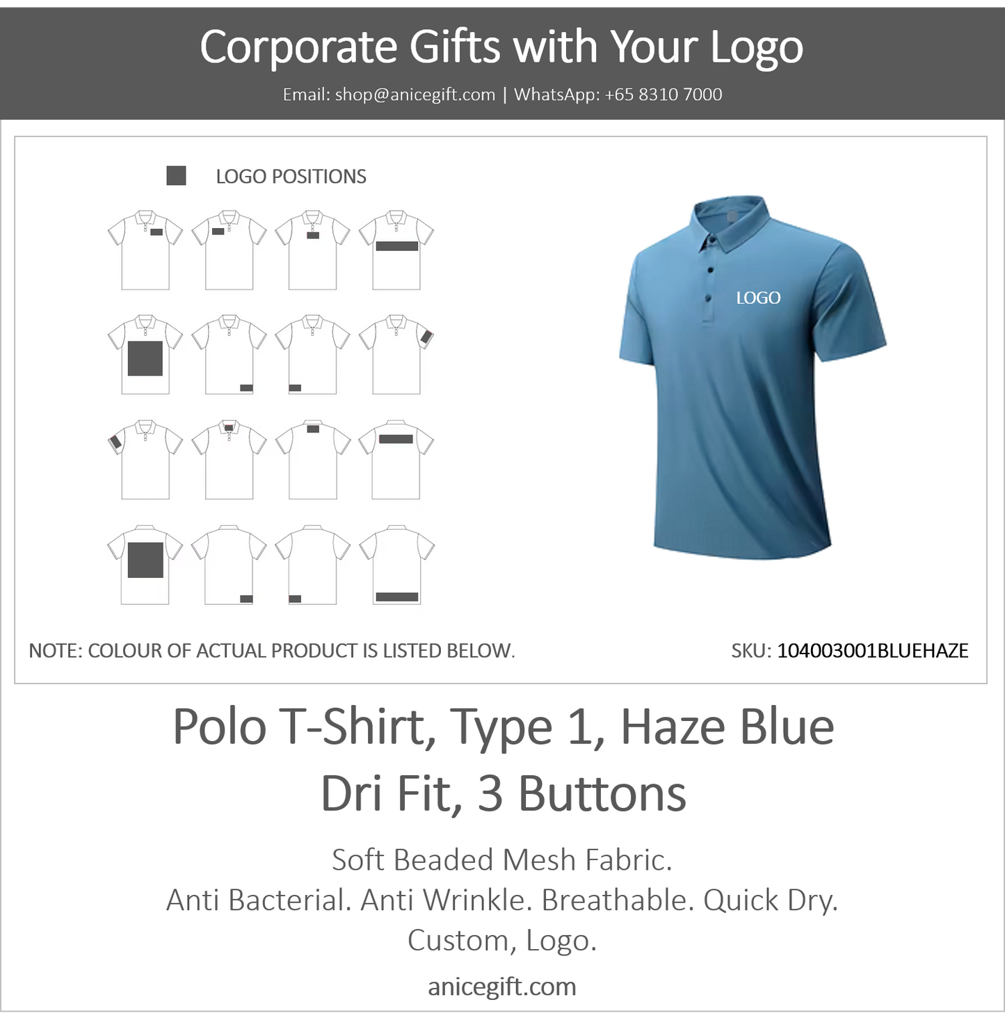Polo T-Shirt, Type 1, Haze Blue | Dri Fit, 3 Buttons