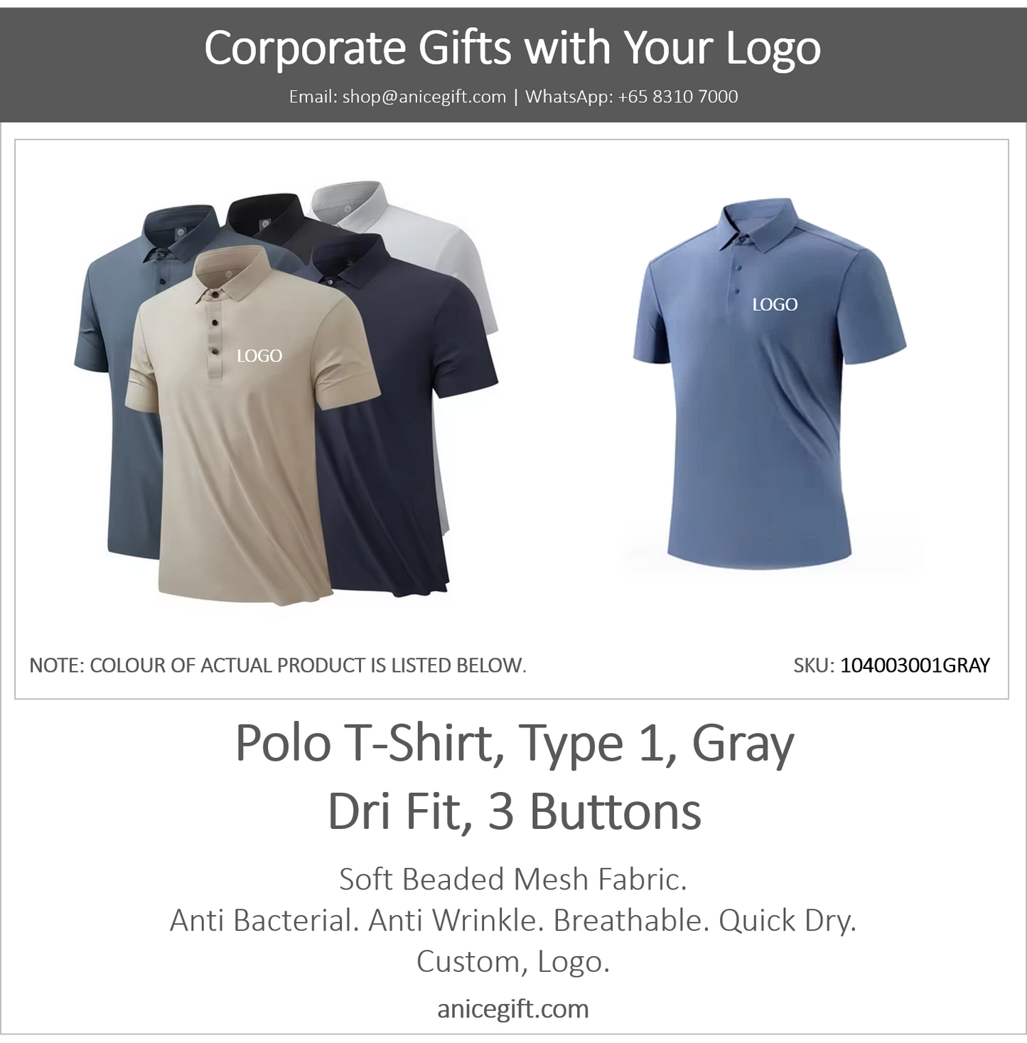 Polo T-Shirt, Type 1, Gray | Dri Fit, 3 Buttons