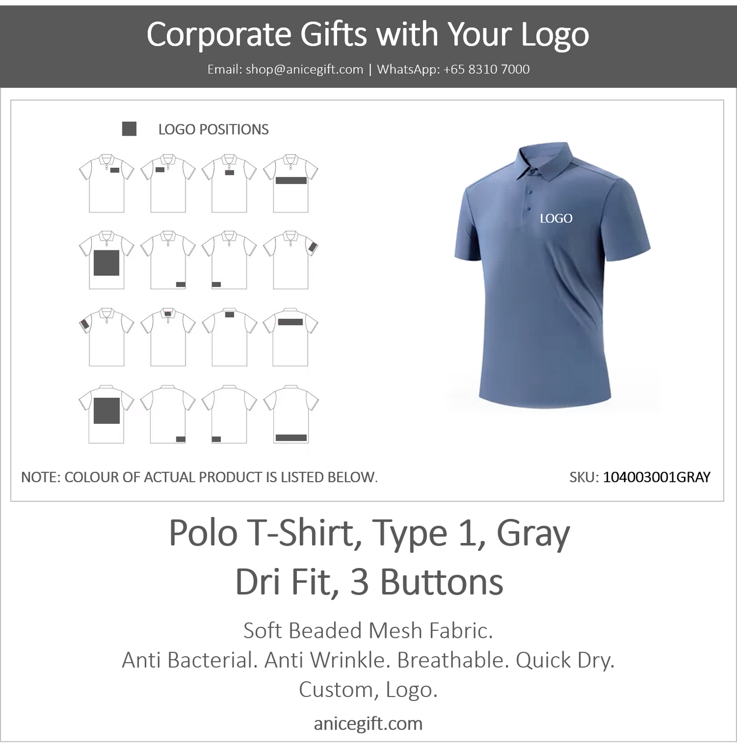 Polo T-Shirt, Type 1, Gray | Dri Fit, 3 Buttons