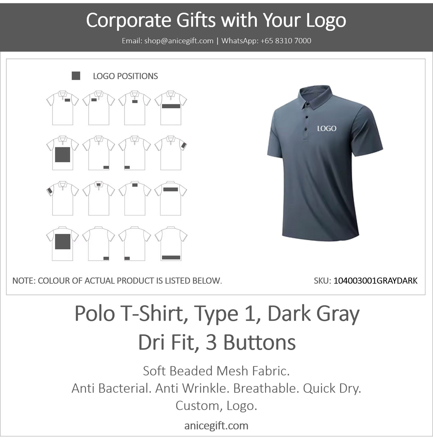 Polo T-Shirt, Type 1, Light Gray | Dri Fit, 3 Buttons