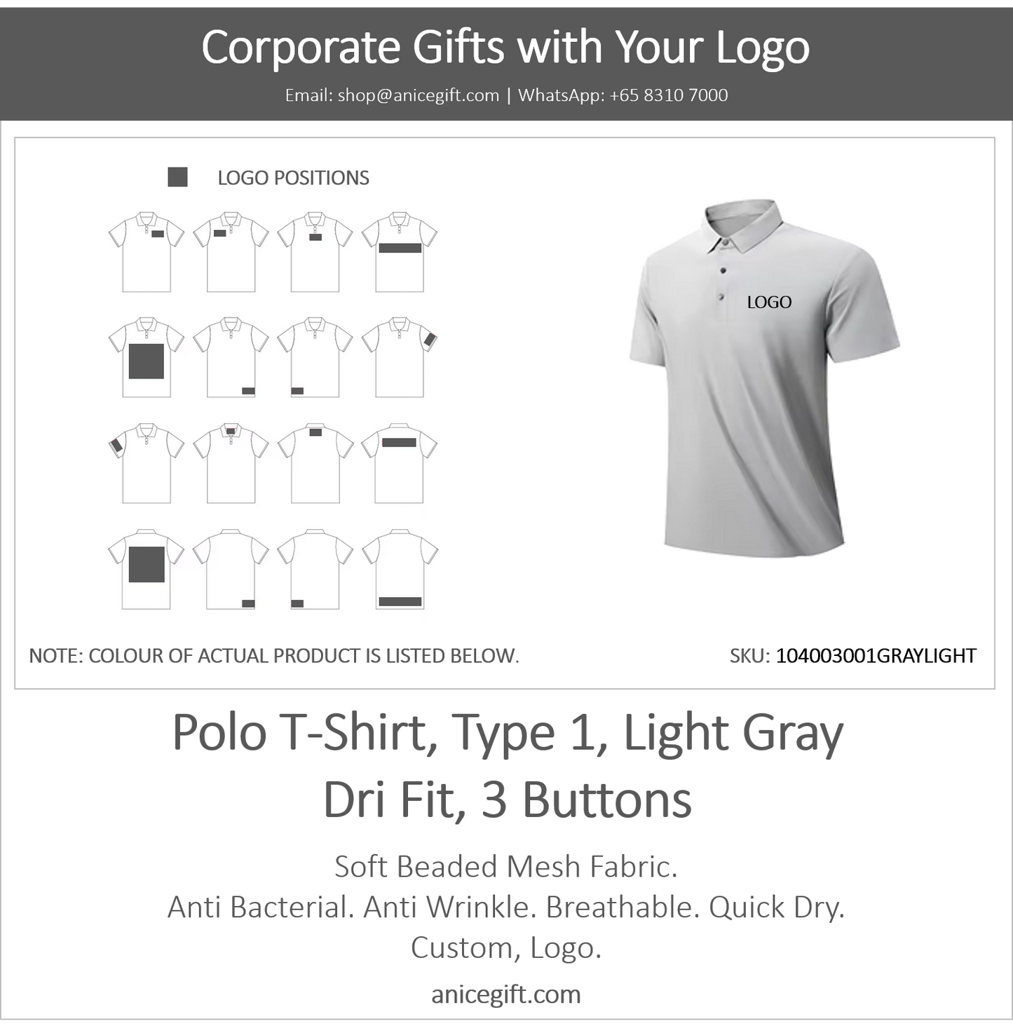 Polo T-Shirt, Type 1, Light Gray | Dri Fit, 3 Buttons